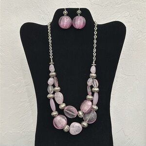 Dichroic Glass & Acrylic w/ Silver-Tone Bead Necklace & Dichroic Glass Earrings